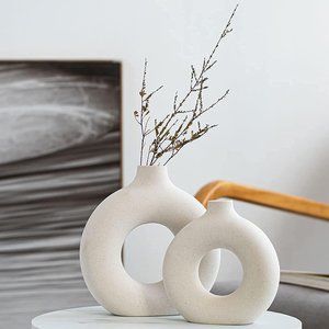 White Ceramic Vases- 2 for Modern Home Decor,Round Matte Boho Vase